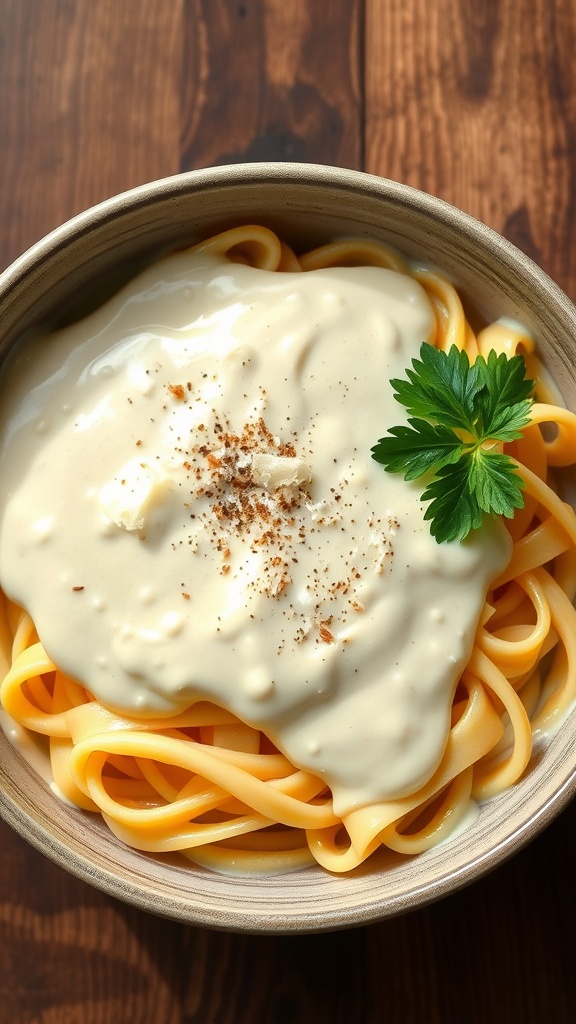 Creamy homemade alfredo sauce over fettuccine with garlic and Parmesan, garnished with parsley.